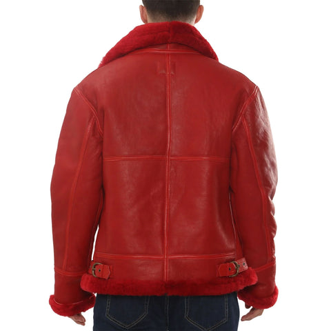 Men’s Red Shearling B3 Bomber Jacket - Real Sheepskin Leather Aviator Winter Coat