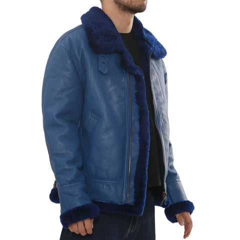 Men’s Blue Shearling B3 Aviator Jacket - Real Sheepskin Leather Bomber Winter Coat