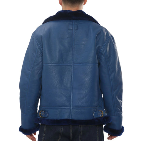 Men’s Blue Shearling B3 Aviator Jacket - Real Sheepskin Leather Bomber Winter Coat