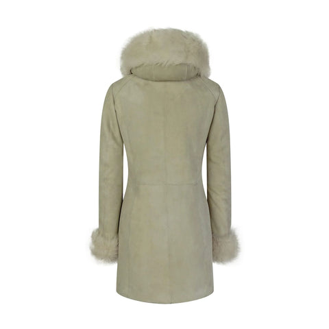 Women’s Cream Toscana Sheepskin 3/4 Long Hooded Jacket – Designer Suede Coat