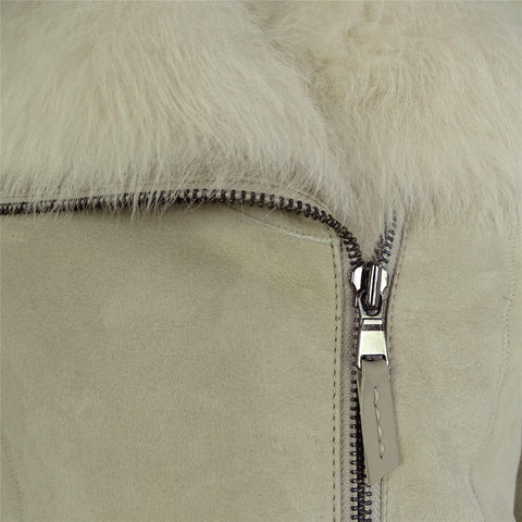 Women’s Cream Toscana Sheepskin 3/4 Long Hooded Jacket – Designer Suede Coat