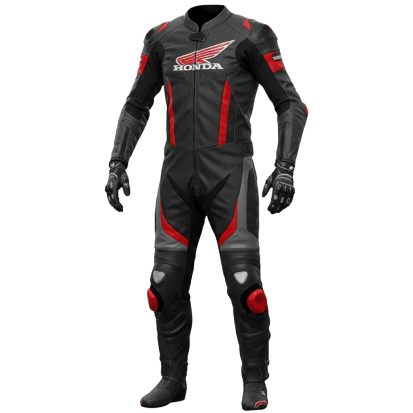 Honda Black Leather Motorcycle Racing Suit – CE-Certified Protection