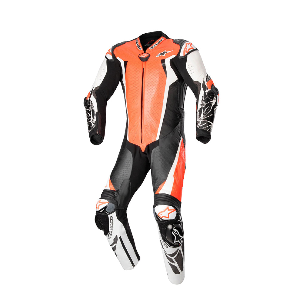 Racing Absolute V2 Kangaroo Leather Motorcycle Suit – 1 Piece Red Fluo, White & Black Racing Suit