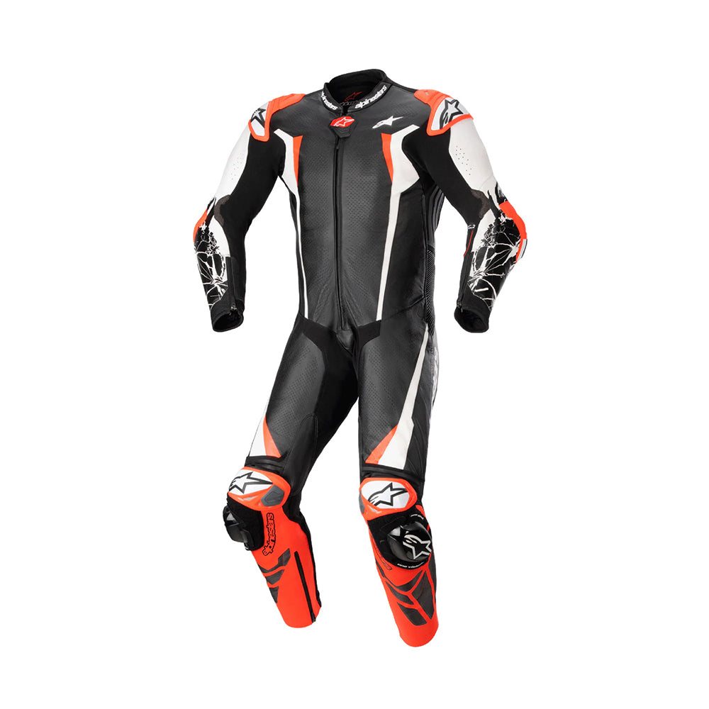 Racing Absolute V2 Kangaroo Leather Motorcycle Suit – 1 Piece Black/White/Red Fluo Racing Gear