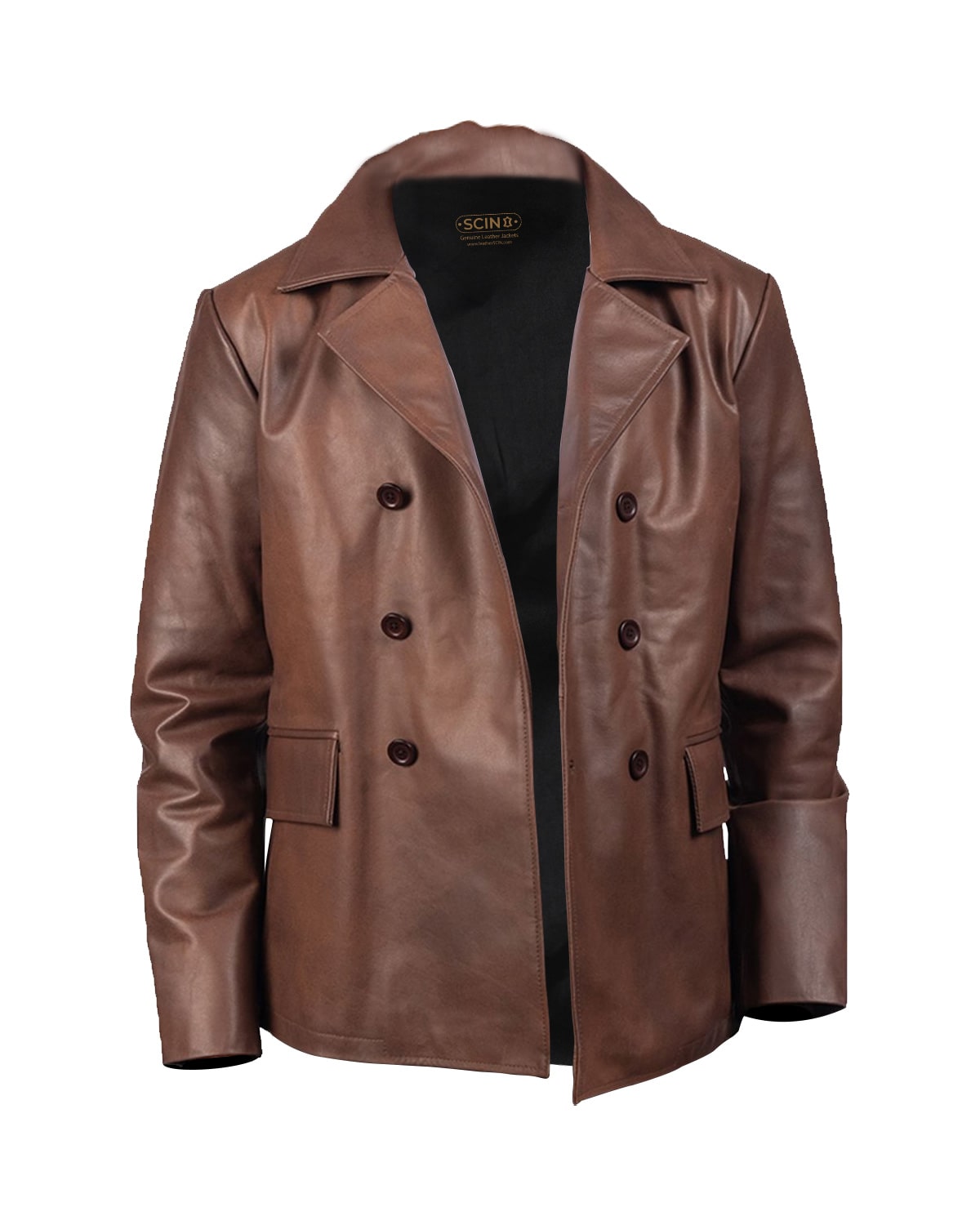 Men's Naval Leather Peacoat - Double-Breasted Sailor Rider Heritage