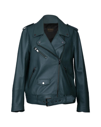 Women’s Mira Belted Biker Leather Jacket – Premium Slim-Fit Asymmetric Moto Jacket