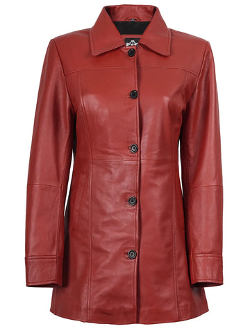 Kandis Women's Red Real Leather Car Coat - Bold 3/4 Statement Rider