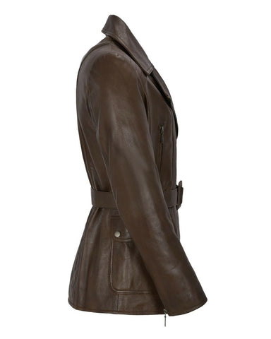 Women's Lyra Classic Leather Trench Coat - Timeless Moto Elegance