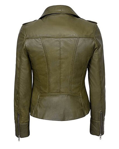 Women’s Leona Classic Biker Leather Jacket – Premium Olive Green Slim-Fit Moto Jacket