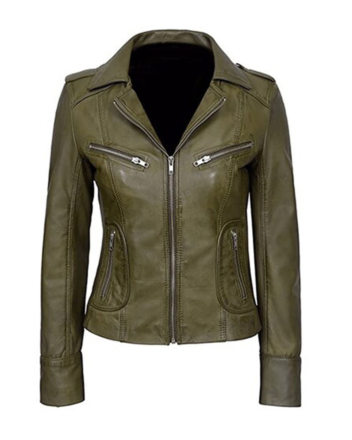 Women’s Leona Classic Biker Leather Jacket – Premium Olive Green Slim-Fit Moto Jacket