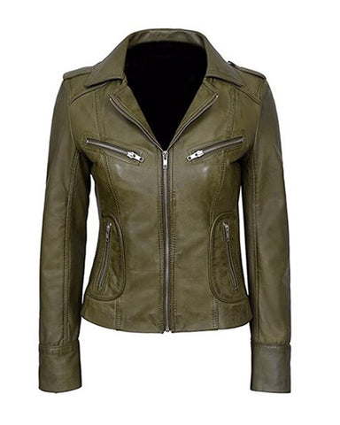 Women’s Leona Classic Biker Leather Jacket – Premium Olive Green Slim-Fit Moto Jacket