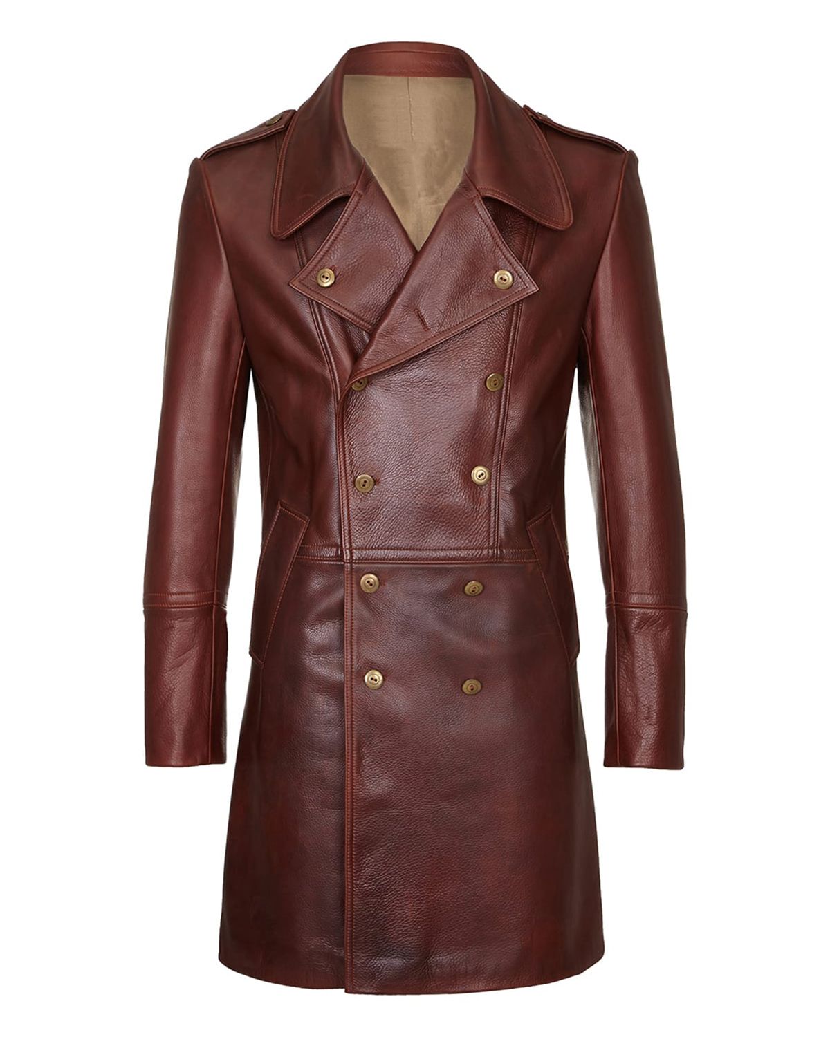 Men's Military Style Leather Motorcycle Coat - Rugged Epaulet Rider