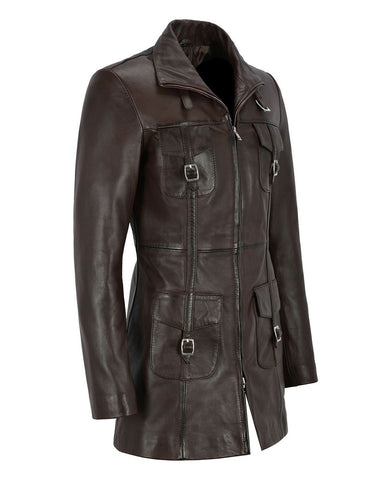 Women's Shay Gothic Dark Brown Leather Motorcycle Coat - Rich Edgy Terra Rider
