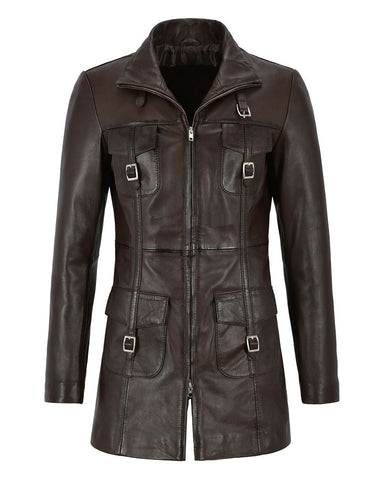 Women's Shay Gothic Dark Brown Leather Motorcycle Coat - Rich Edgy Terra Rider