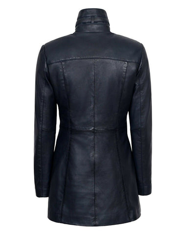 Women's Shay Gothic Navy Blue Leather Motorcycle Coat - Midnight Edgy Rider