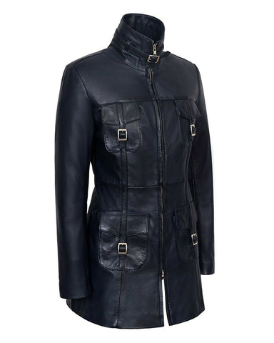 Women's Shay Gothic Navy Blue Leather Motorcycle Coat - Midnight Edgy Rider