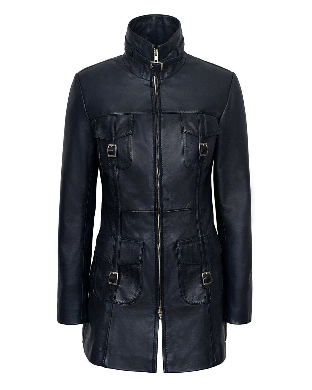 Women's Shay Gothic Navy Blue Leather Motorcycle Coat - Midnight Edgy Rider