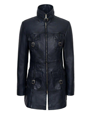 Women's Shay Gothic Navy Blue Leather Motorcycle Coat - Midnight Edgy Rider