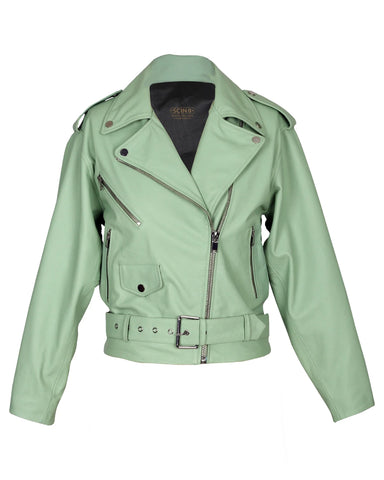 Women’s Stella Belted Biker Leather Jacket – Vibrant Apple Green Slim-Fit Moto Jacket
