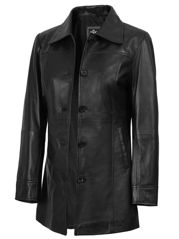Kandis Women's Black 3/4 Length Leather Car Coat - Timeless Moto Essential