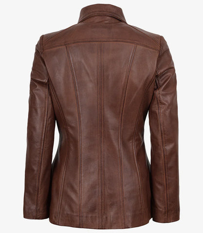 Marsha Women's Real Leather Cognac Brown Car Coat - Luxe 3/4 Rider Chic