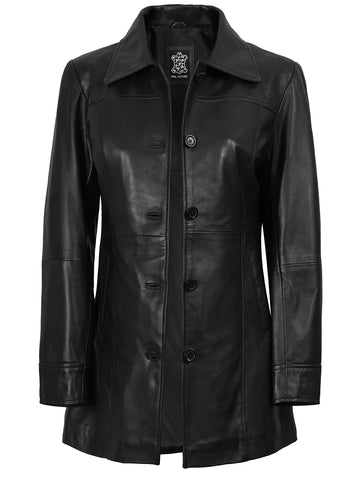 Kandis Women's Black 3/4 Length Leather Car Coat - Timeless Moto Essential