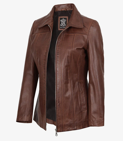 Marsha Women's Real Leather Cognac Brown Car Coat - Luxe 3/4 Rider Chic