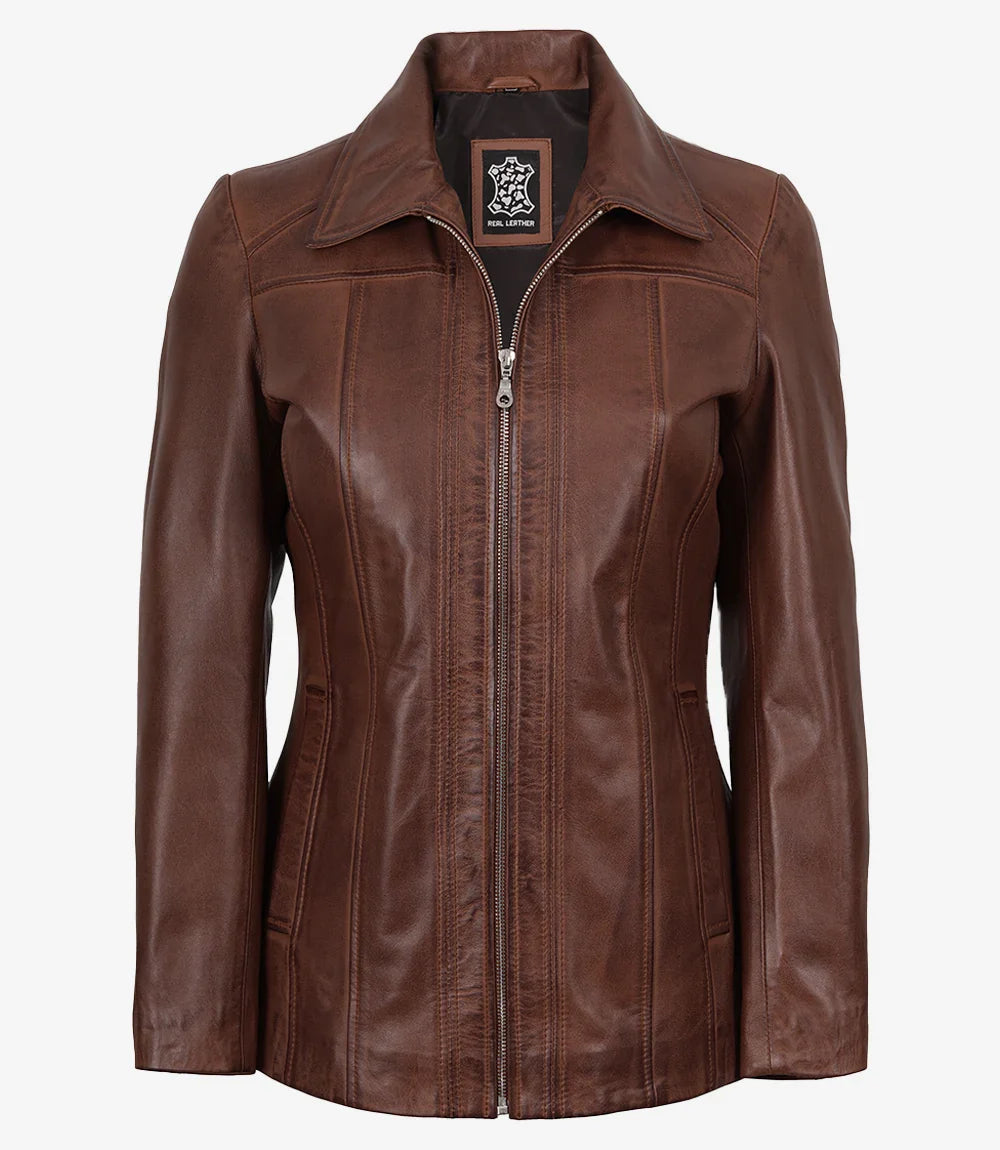 Marsha Women's Real Leather Cognac Brown Car Coat - Luxe 3/4 Rider Chic