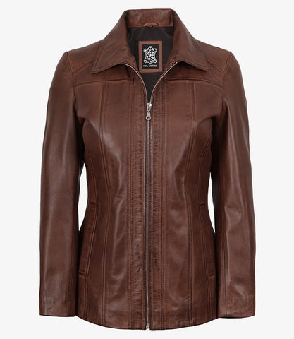 Marsha Women's Real Leather Cognac Brown Car Coat - Luxe 3/4 Rider Chic