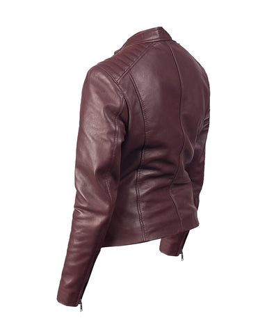 Women’s Harlee Biker Leather Jacket – Premium Maroon Slim-Fit Moto Jacket