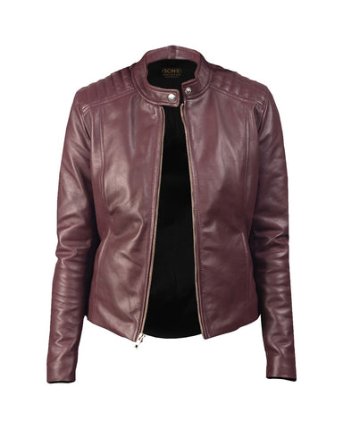Women’s Harlee Biker Leather Jacket – Premium Maroon Slim-Fit Moto Jacket